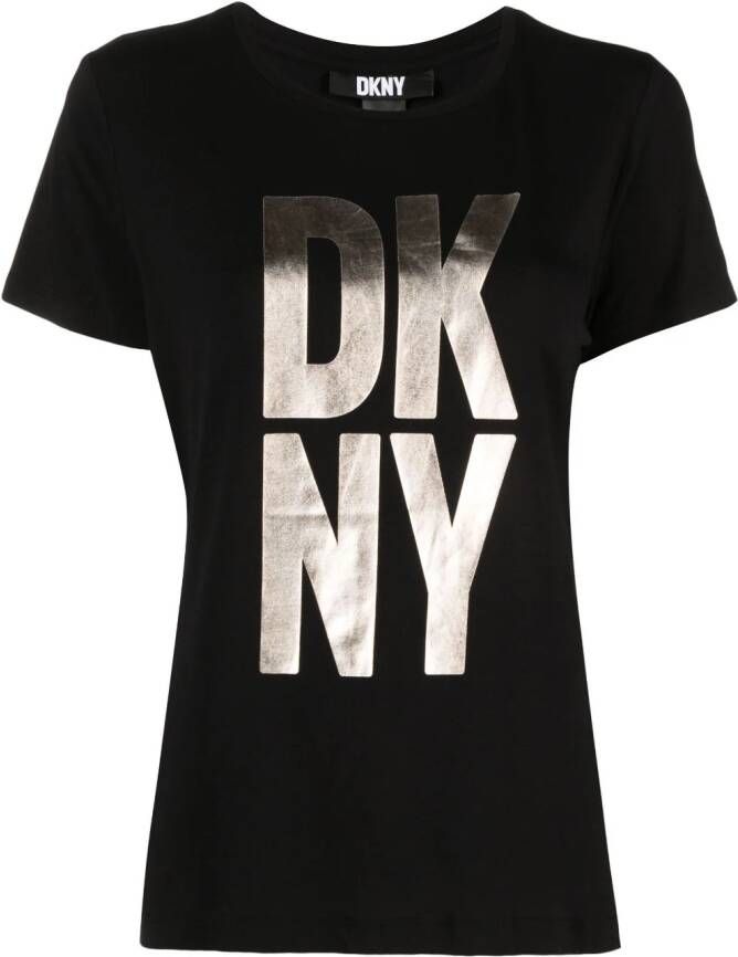 DKNY metallic-finish logo-print jersey T-shirt Zwart
