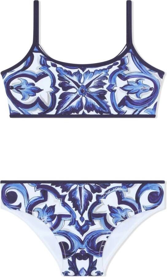 Dolce & Gabbana Kids Bikini met bloe print en diepe ronde hals Blauw