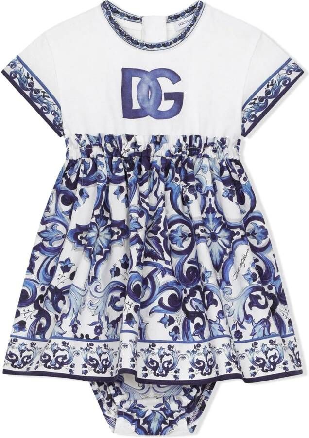 Dolce & Gabbana Kids Popeline romper met Majolica-print Blauw