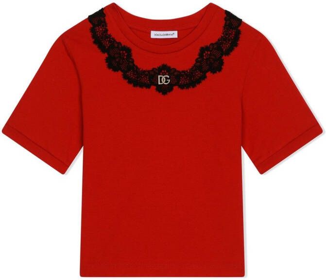 Dolce & Gabbana Kids Katoenen T-shirt met kant Rood