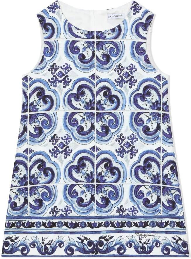 Dolce & Gabbana Kids Mini-jurk met brokaat met Majolica-print Blauw