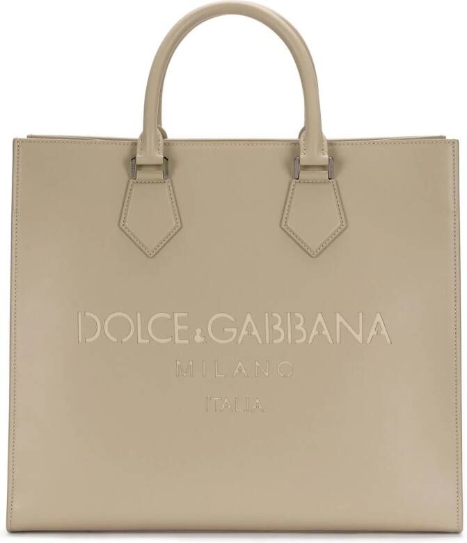 Dolce & Gabbana Leren shopper met logo-reliëf Beige