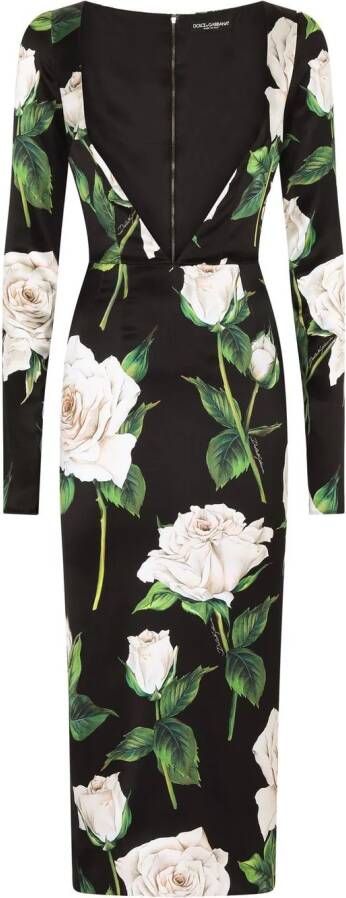 Dolce & Gabbana Midi-jurk met rozenprint Zwart