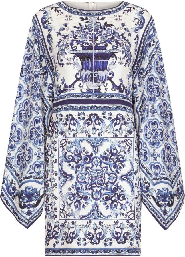 Dolce & Gabbana Jurk met vleermuismouwen en Majolica-print Blauw
