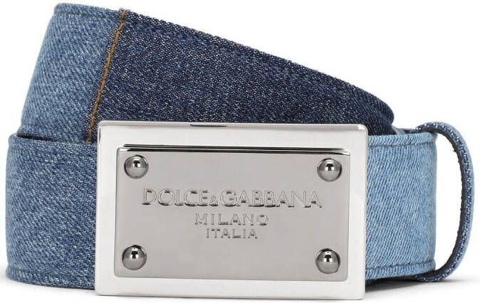 Dolce & Gabbana Riem met denim patchwork en logo label Blauw