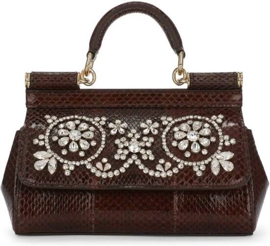 Dolce & Gabbana Kleine Sicily tas verfraaid met stras en handgreep Bruin