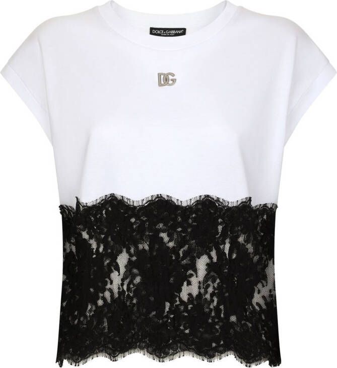 Dolce & Gabbana T-shirt met kant met DG-logo Wit
