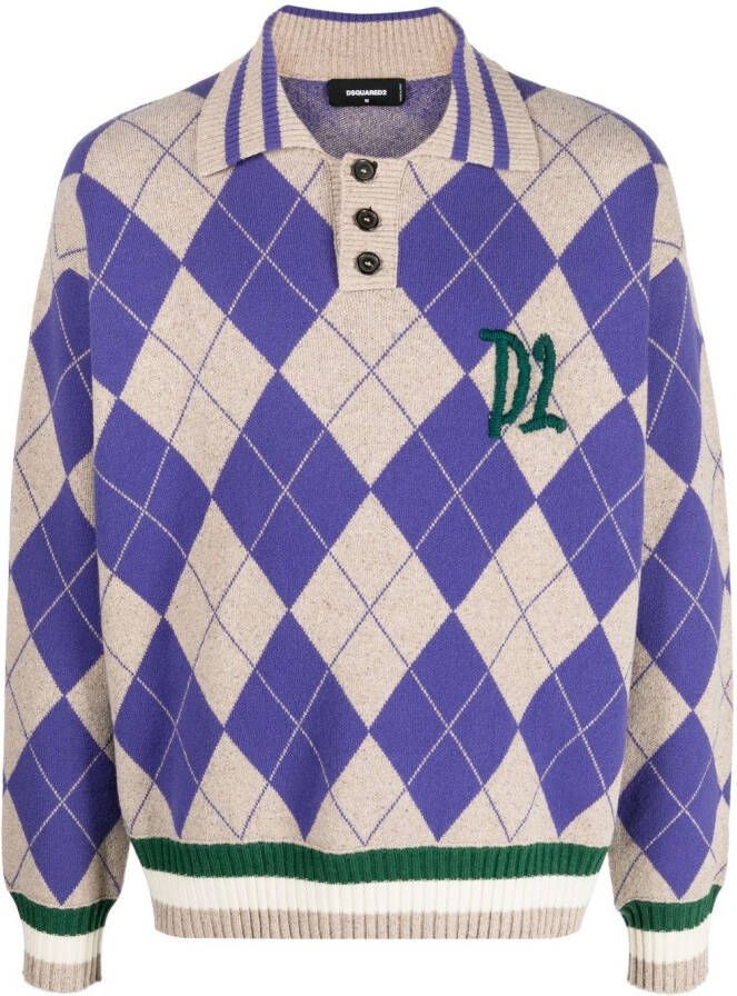 Dsquared2 argyle check polo collar jumper Paars