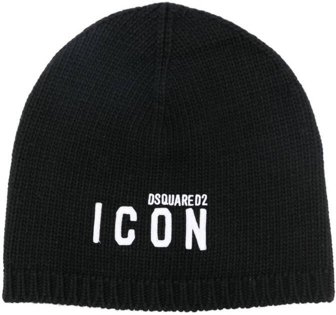 Dsquared2 Be Icon-embroidered ribbed beanie Zwart