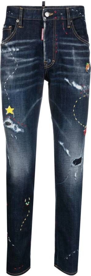 Dsquared2 illustrated distressed skinny jeans Blauw