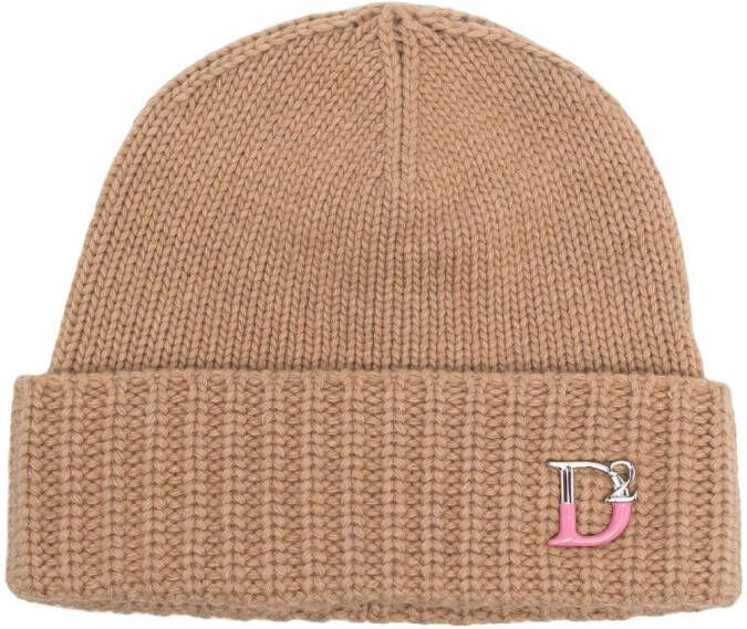 Dsquared2 monogram-plaque knitted beanie Beige