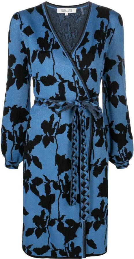 DVF Diane von Furstenberg Wikkeljurk met bloemenjacquard Blauw
