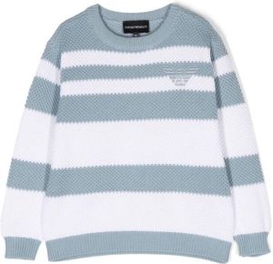 Emporio Ar i Kids logo-embroidered striped cotton jumper Blauw