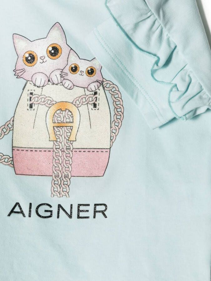 Aigner Kids T-shirt met kattenprint Blauw
