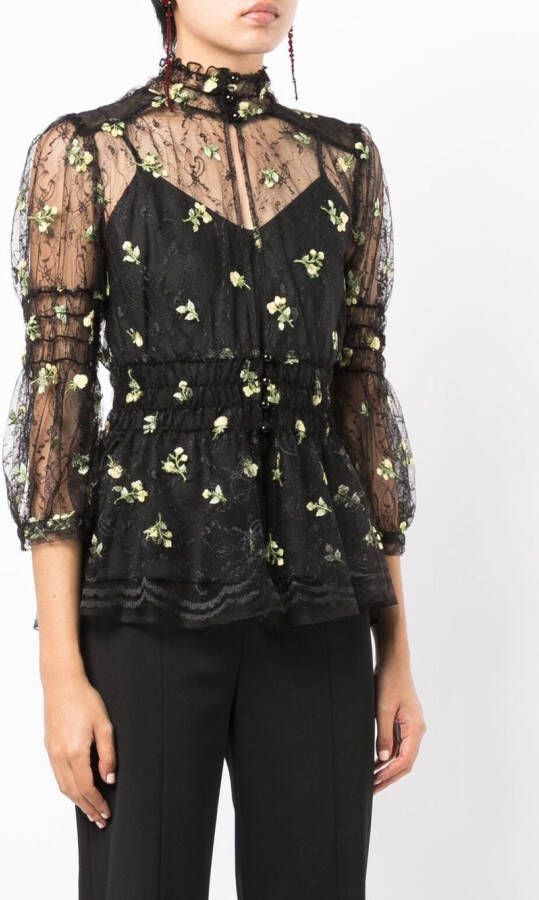 Anna Sui Blouse met geborduurde bloemen Zwart