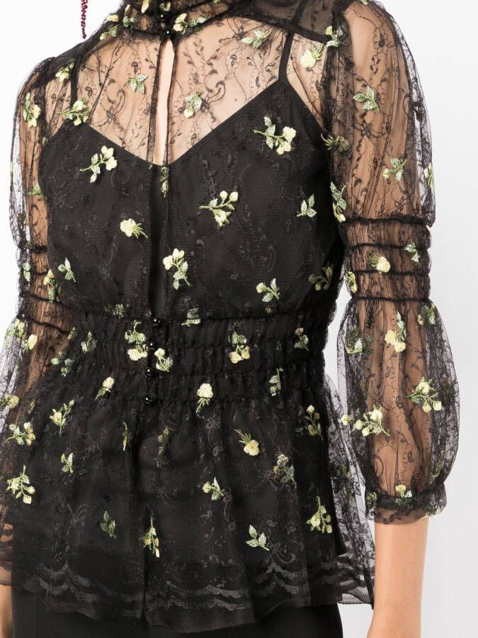 Anna Sui Blouse met geborduurde bloemen Zwart
