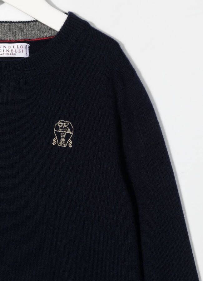Brunello Cucinelli Kids Sweater met geborduurd logo Blauw