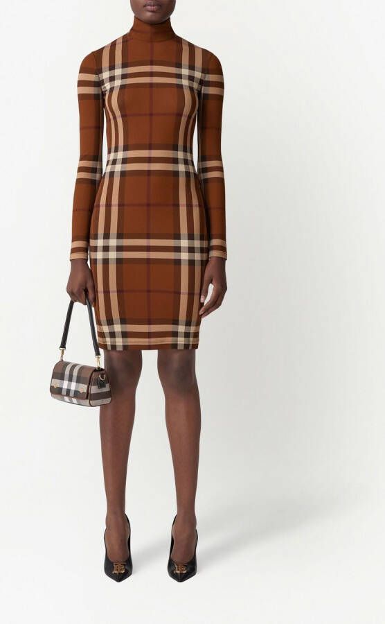 Burberry Geruite jersey jurk met trechterhals Bruin