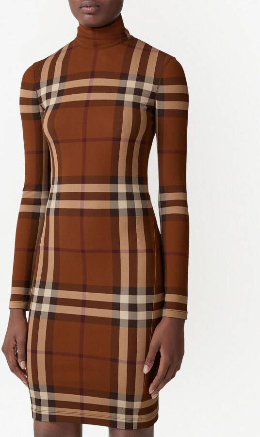 Burberry Geruite jersey jurk met trechterhals Bruin