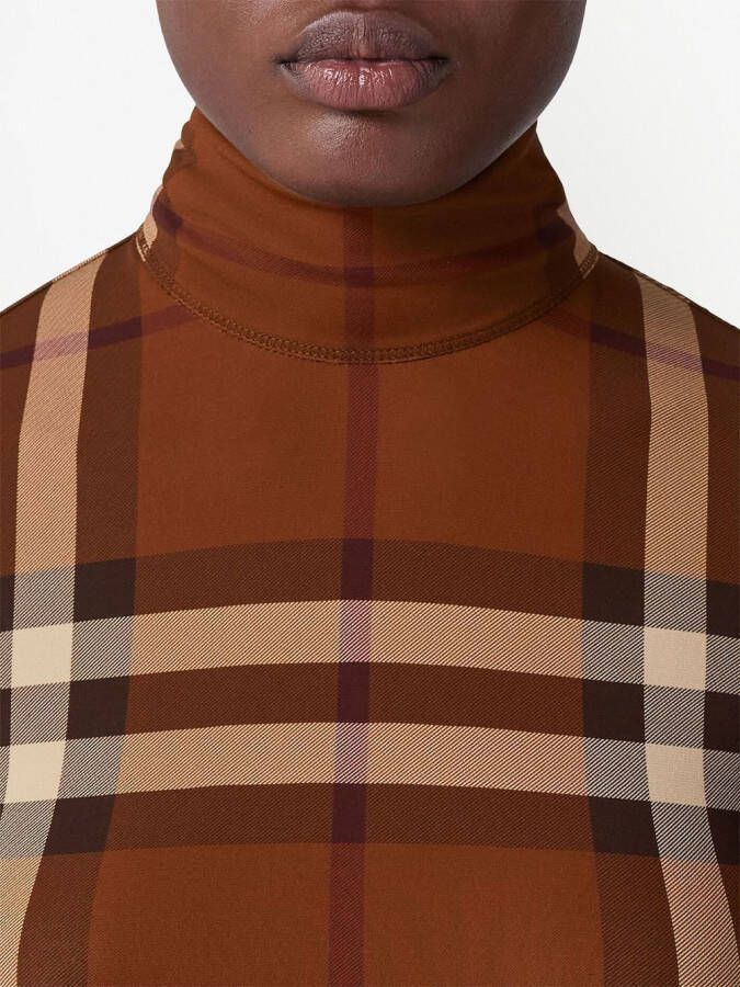 Burberry Geruite jersey jurk met trechterhals Bruin
