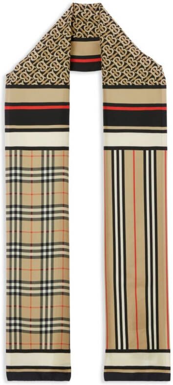 Burberry "zijden sjaal met monogram iconische streep en geruite print" Beige