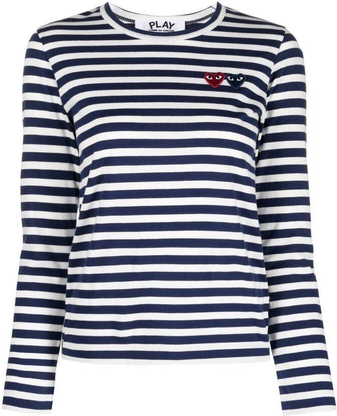 Comme Des Garçons Play double-heart logo striped T-shirt Blauw