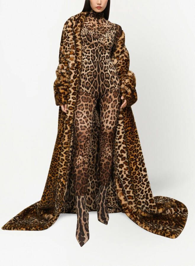 Dolce & Gabbana KIM doorzichtig jumpsuit met luipaardprint Bruin