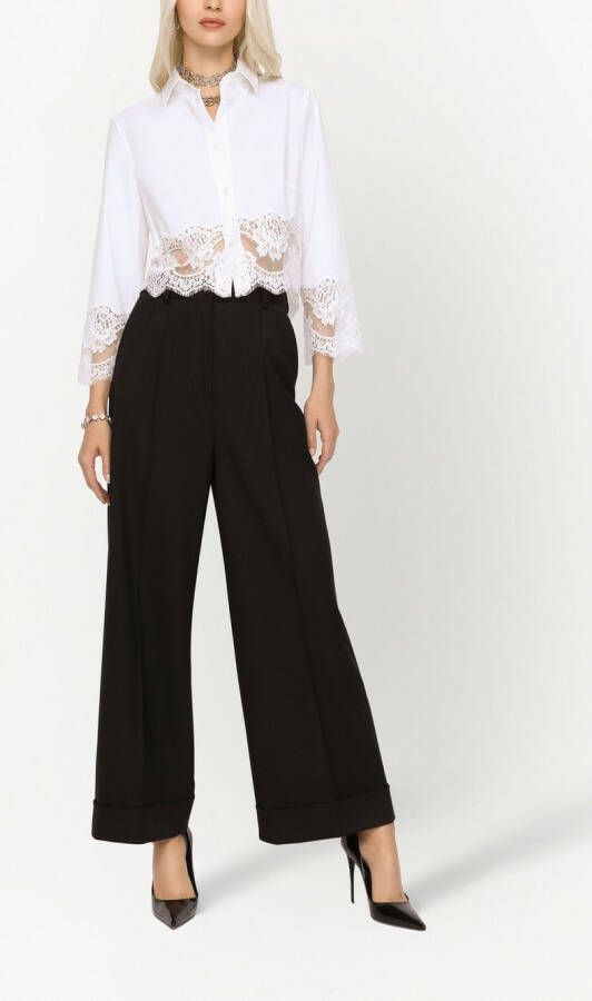 Dolce & Gabbana Cropped popeline blouse met kanten vlakken Wit