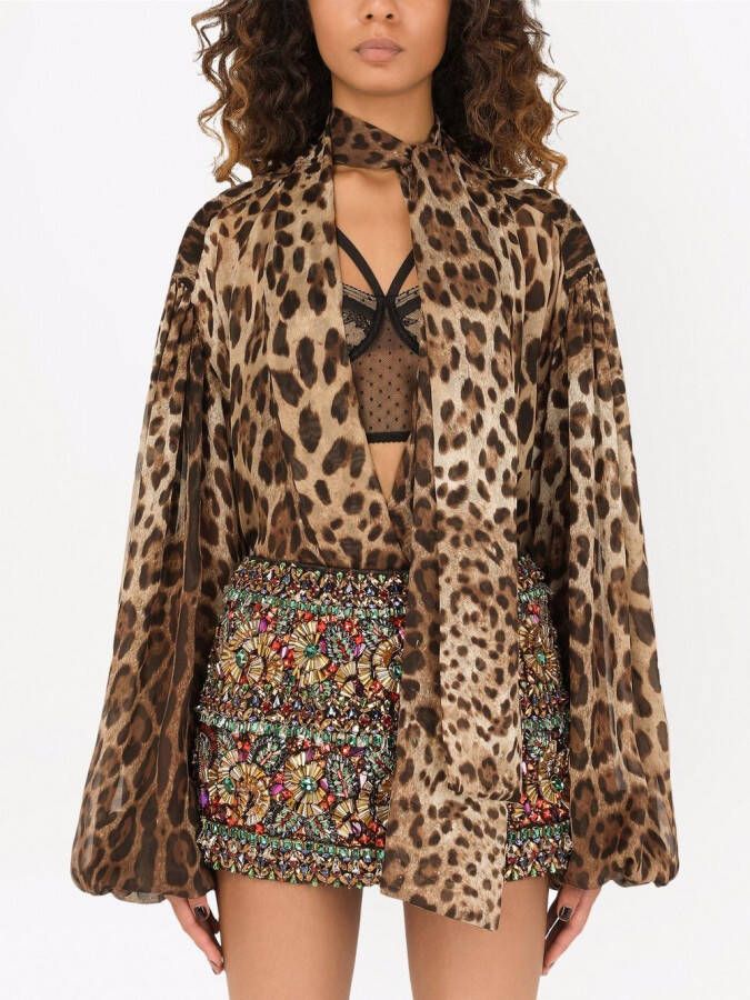 Dolce & Gabbana Chiffon blouse met luipaardprint Bruin