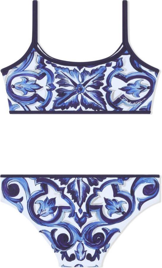 Dolce & Gabbana Kids Bikini met bloemenprint en diepe ronde hals Blauw