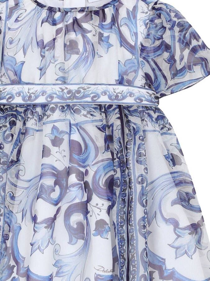 Dolce & Gabbana Kids Chiffon jurk met majolica-print Blauw
