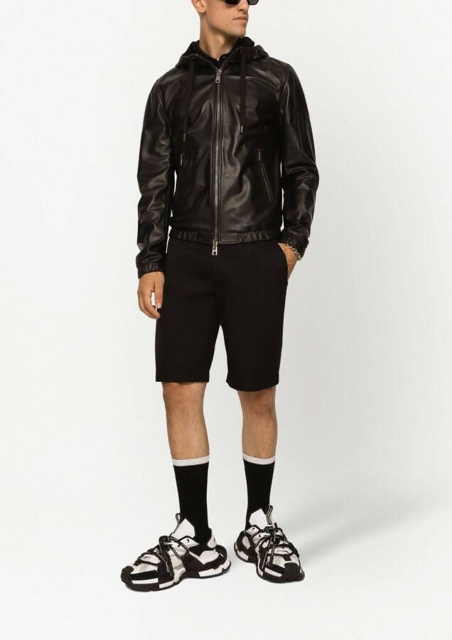 Dolce & Gabbana Leren jack met capuchon en logo label Zwart