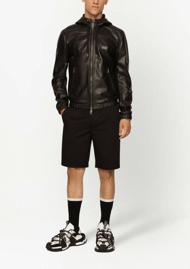 Dolce & Gabbana Leren jack met capuchon en logo label Zwart
