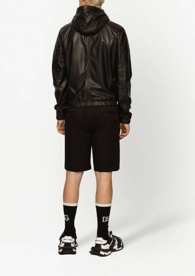 Dolce & Gabbana Leren jack met capuchon en logo label Zwart