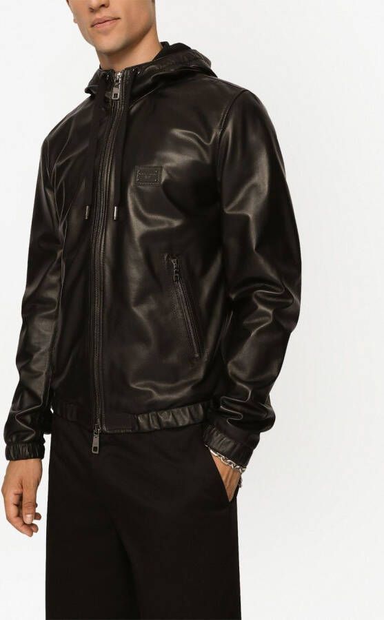 Dolce & Gabbana Leren jack met capuchon en logo label Zwart