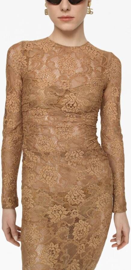 Dolce & Gabbana Midi-jurk met bloemenkant Bruin