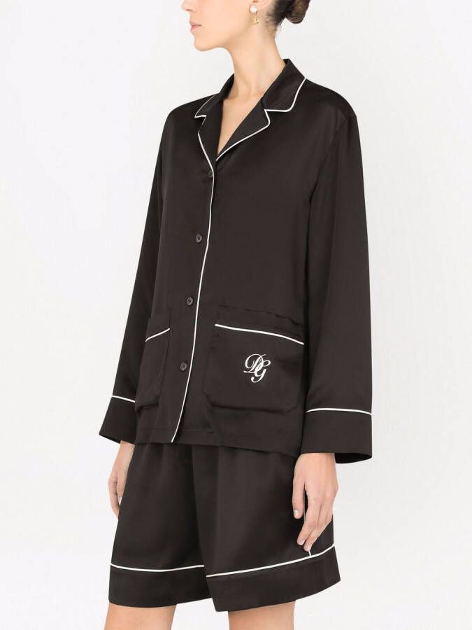 Dolce & Gabbana Satijnen pyjamashirt met geborduurd logo Zwart