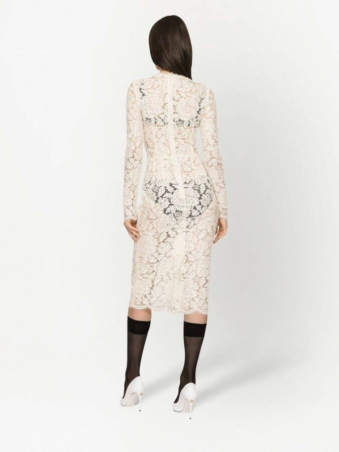 Dolce & Gabbana Midi-jurk met bloemenkant en lange mouwen Wit