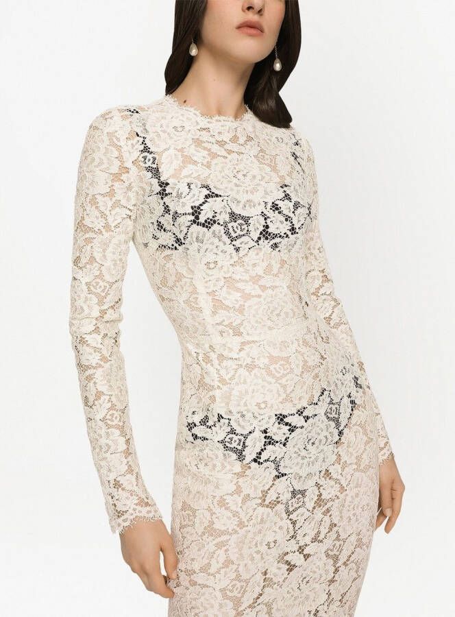 Dolce & Gabbana Midi-jurk met bloemenkant en lange mouwen Wit