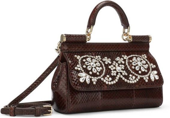 Dolce & Gabbana Kleine Sicily tas verfraaid met stras en handgreep Bruin