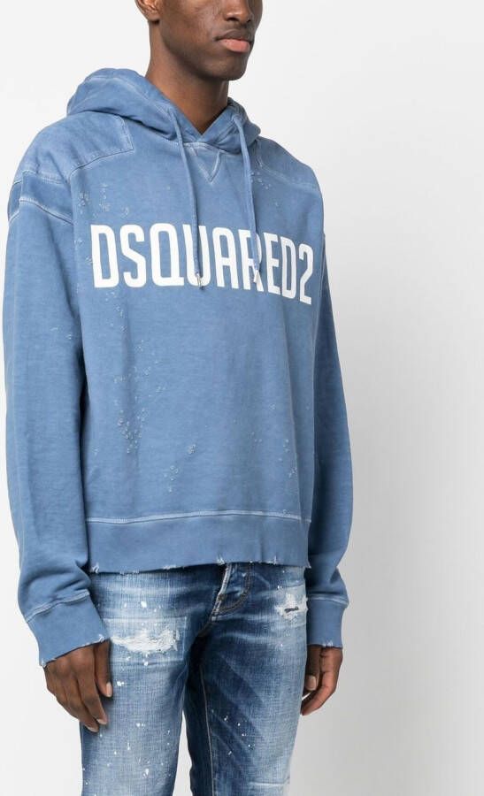 Dsquared2 logo-print distressed hoodie Blauw