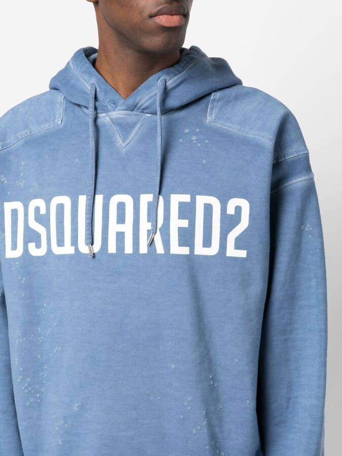 Dsquared2 logo-print distressed hoodie Blauw