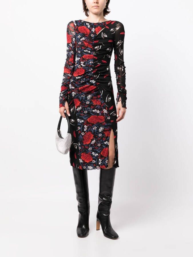 DVF Diane von Furstenberg Midi-jurk met bloemenprint Zwart