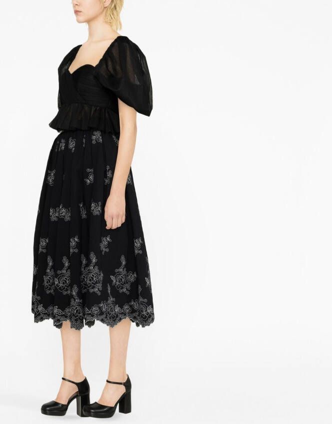 ERDEM Midi-rok met geborduurde bloemen Zwart