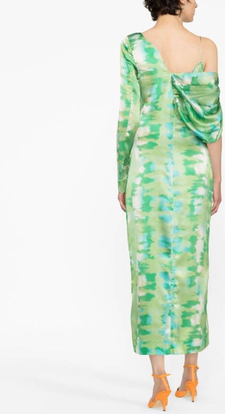 GANNI Off-shoulder zijden jurk met print Groen