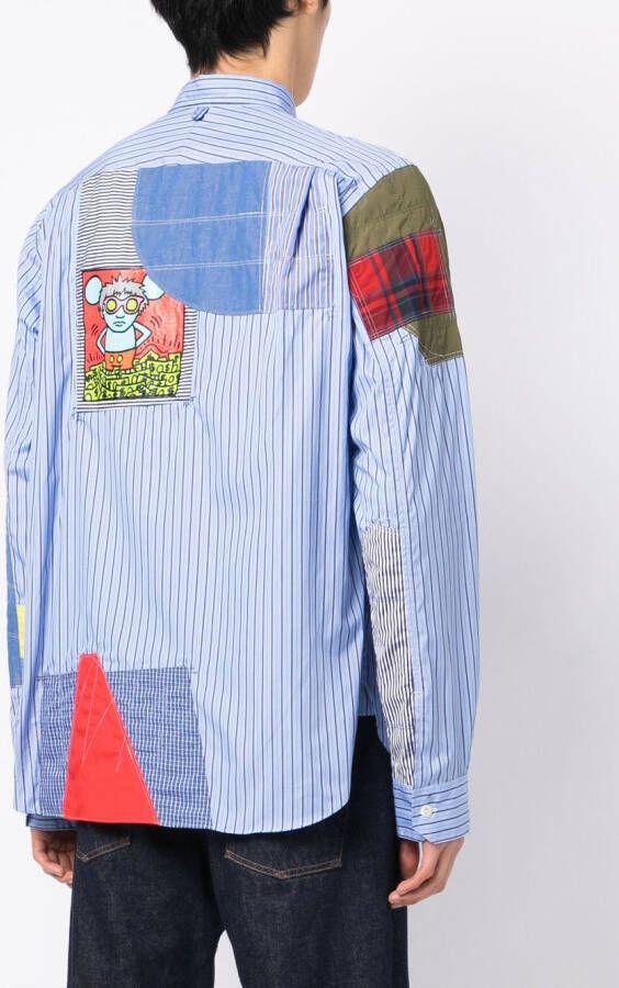 Junya Watanabe MAN Gestreept overhemd met patchwork Blauw