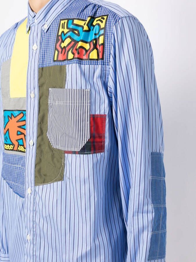 Junya Watanabe MAN Gestreept overhemd met patchwork Blauw