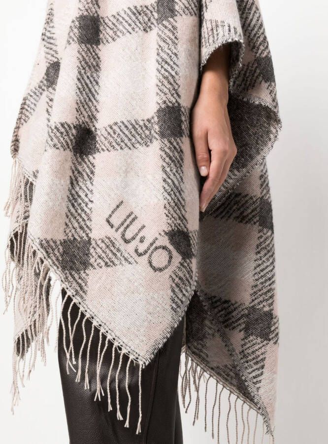 LIU JO check-pattern fringed poncho Zwart