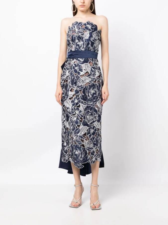Marchesa Notte Midi-jurk met bloemenkant Blauw