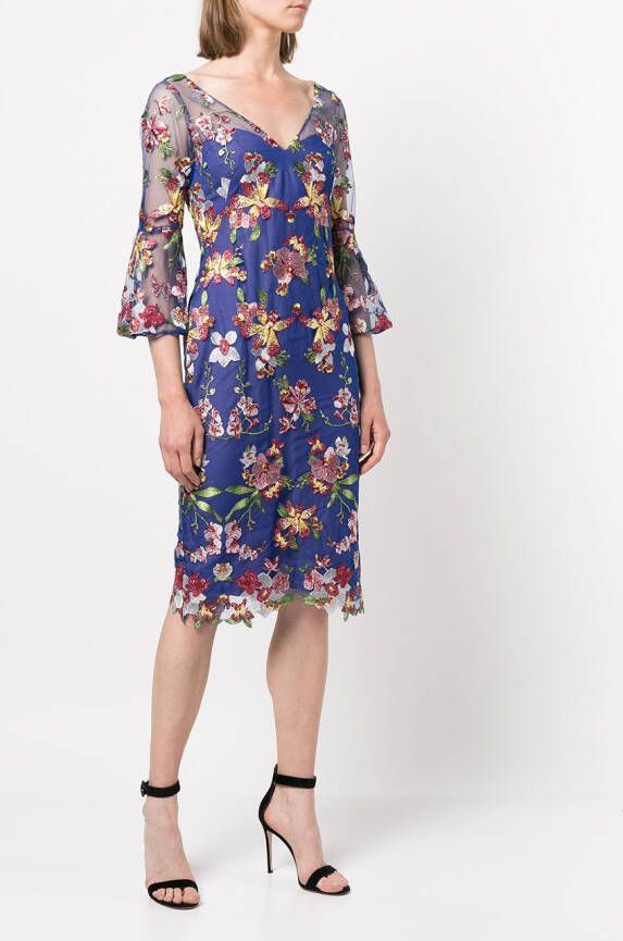 Marchesa Notte Midi-jurk met bloemenkant Veelkleurig